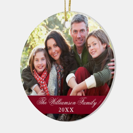 Elegant Script 2 Sided Photo Kerstmis Burgundy Keramisch Ornament (Links)