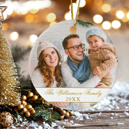 Elegant Script 2 Sided Photo Kerstmis Gold Keramisch Ornament