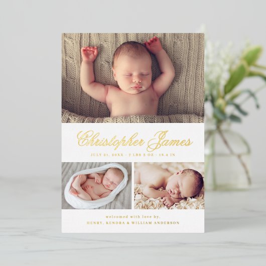 Elegant Script 3 Aankondiging geboorte foto-collag (Staand Voorkant)