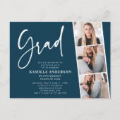 Elegant Script 3 Foto Afstuderen Blauwgroen blauw Uitnodiging Briefkaart (Voorkant)