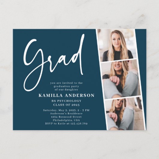 Elegant Script 3 Foto Afstuderen Blauwgroen blauw Uitnodiging Briefkaart (Voorkant)