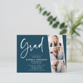 Elegant Script 3 Foto Afstuderen Blauwgroen blauw Uitnodiging Briefkaart (Staand voorkant)