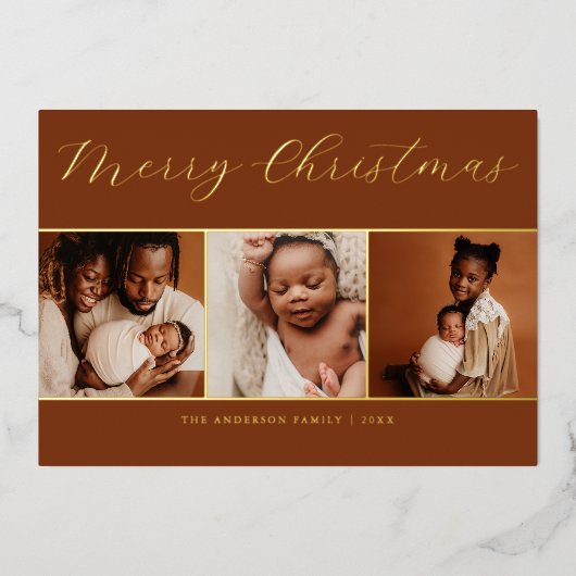 Elegant Script 3 Foto Beige Chocolade Kerstmis Folie Uitnodiging (Voorkant)