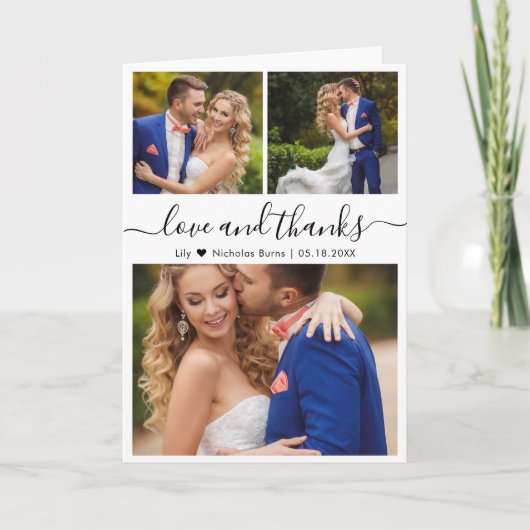 Elegant Script 3 Foto Collage Hart Bruiloft Bedankkaart (Voorkant)