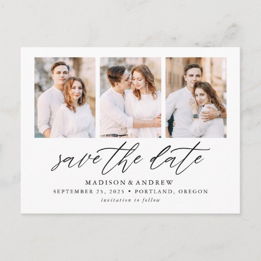 Elegant Script 3 Foto Collage Save the Date Aankondigingskaart (Voorkant)