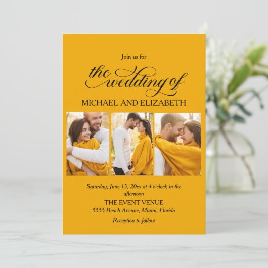 Elegant Script 3 foto geel bruiloft Kaart (Staand voorkant)