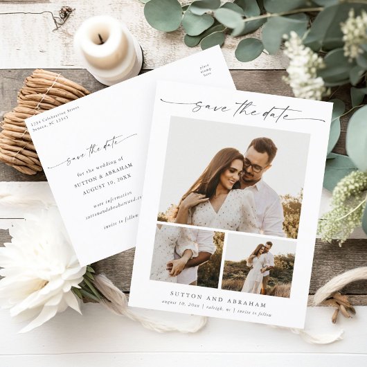Elegant Script 3 Foto Huwelijk Save the Date Aankondigingskaart