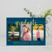Elegant Script 3 Foto Navyblauw Afstuderen Goud Folie Uitnodiging (Staand Voorkant)