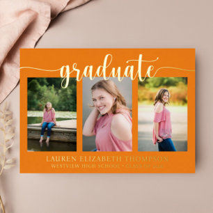 Elegant Script 3 Foto Oranje Afstuderen Gold Foil Folie Uitnodiging