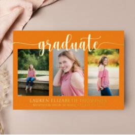 Elegant Script 3 Foto Oranje Afstuderen Goud Folie Uitnodiging