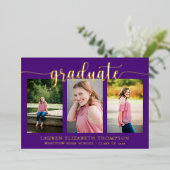 Elegant Script 3 Foto Paarse Afstuderen Goud Folie Uitnodiging (Staand Voorkant)