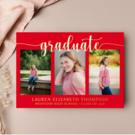 Elegant Script 3 Foto Rood Afstuderen Goud Folie Uitnodiging