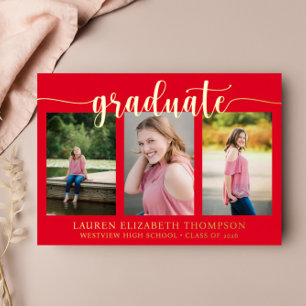 Elegant Script 3 Foto Rood Afstuderen Goud Folie Uitnodiging
