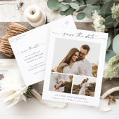 Elegant Script 3 Foto Weddenschap Opslaan Datum Aankondigingskaart