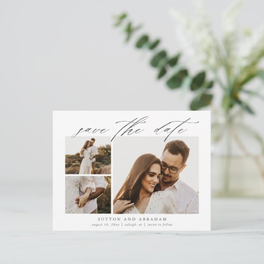 Elegant Script 3 Foto Weddenschap Opslaan Datum Aankondigingskaart (Staand voorkant)