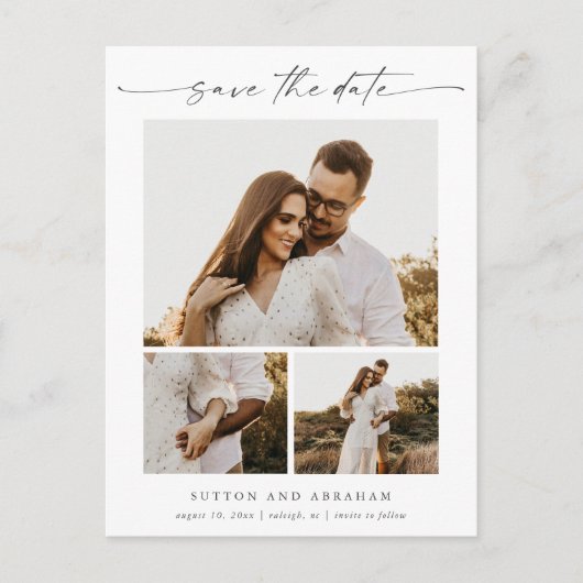 Elegant Script 3 Foto Weddenschap Opslaan Datum Aankondigingskaart (Voorkant)