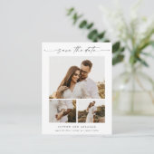 Elegant Script 3 Foto Weddenschap Opslaan Datum Aankondigingskaart (Staand voorkant)