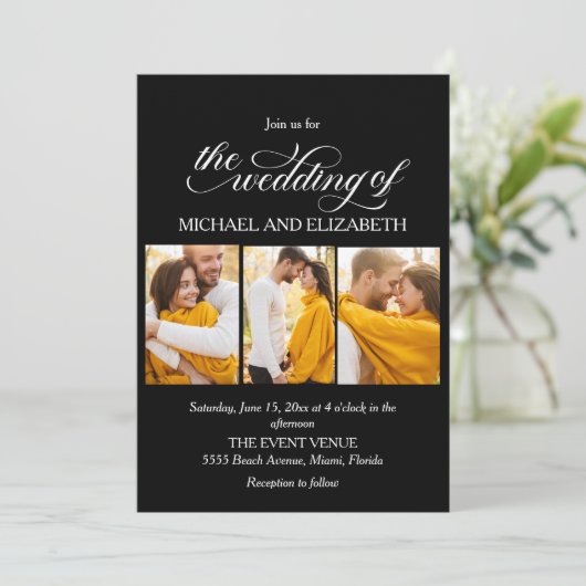 Elegant Script 3 foto zwart wit bruiloft Kaart (Staand voorkant)