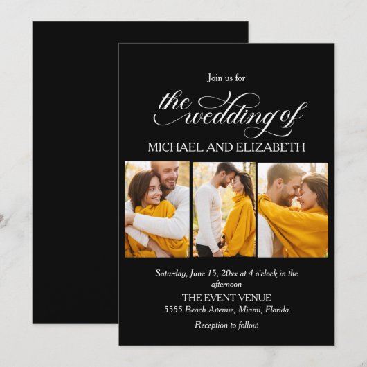 Elegant Script 3 foto zwart wit bruiloft Kaart (Voorkant / Achterkant)