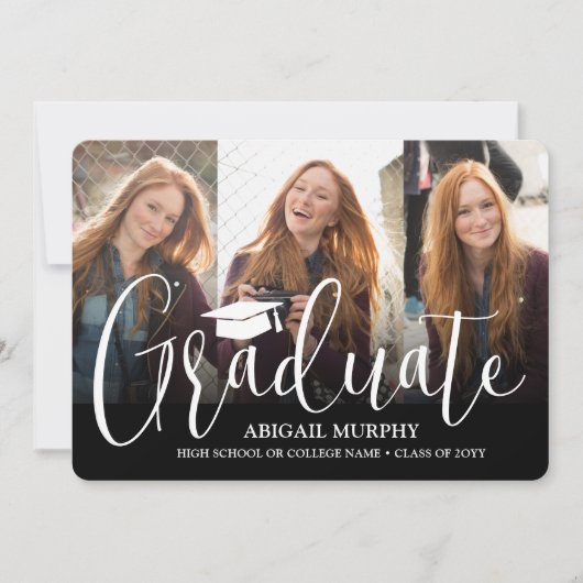 Elegant Script & 3 Fotocollage Graduation Party Kaart (Voorkant)