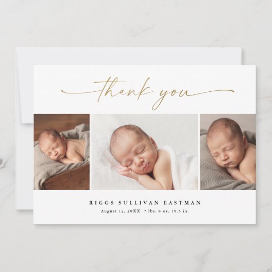Elegant Script 3 Photo Collage Baby Bedankkaart (Voorkant)