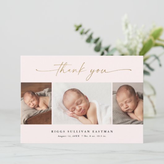 Elegant Script 3 Photo Collage Baby Bedankkaart (Staand voorkant)