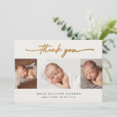 Elegant Script 3 Photo Collage Baby Bedankkaart (Staand voorkant)
