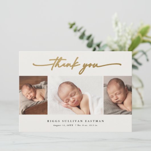 Elegant Script 3 Photo Collage Baby Bedankkaart (Staand voorkant)