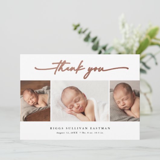 Elegant Script 3 Photo Collage Baby Bedankkaart (Staand voorkant)