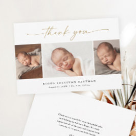 Elegant Script 3 Photo Collage Baby Bedankkaart