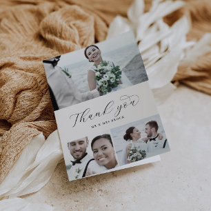 Elegant Script 3 Photo Collage Folded Wedding Bedankkaart