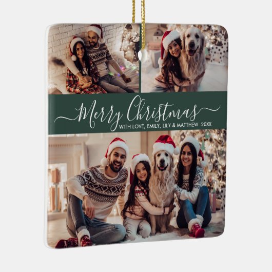 Elegant Script 3 Photo Collage Green Christmas Keramisch Ornament (Rechts)