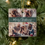 Elegant Script 3 Photo Collage Green Christmas Keramisch Ornament<br><div class="desc">Moderne Elegante Kalligrafie 3 Fotocollage Vrolijk Kerstscript Groen Keramisch Ornament. Dit feestelijke, minimalistische, grillige drie foto vakantie Ornament heeft een grid fotocollage en zegt "Merry Christmas"! De tekst "Merry Christmas" is geschreven in een handgeschreven swirly swash-tail lettertypescript in wit op een groene achtergrond. Op de achterzijde een volledige foto met...</div>
