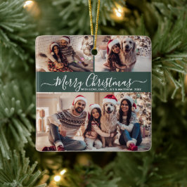 Elegant Script 3 Photo Collage Green Christmas Keramisch Ornament