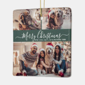 Elegant Script 3 Photo Collage Green Christmas Keramisch Ornament (Links)