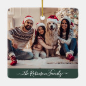 Elegant Script 3 Photo Collage Green Christmas Keramisch Ornament (Achterkant)