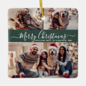 Elegant Script 3 Photo Collage Green Christmas Keramisch Ornament (Voorkant)