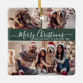Elegant Script 3 Photo Collage Green Christmas Keramisch Ornament