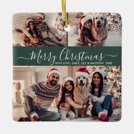 Elegant Script 3 Photo Collage Green Christmas Keramisch Ornament (Voorkant)