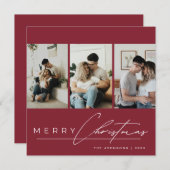 Elegant Script 3 Photo Collage Red Merry Christmas Feestdagenkaart (Voorkant / Achterkant)