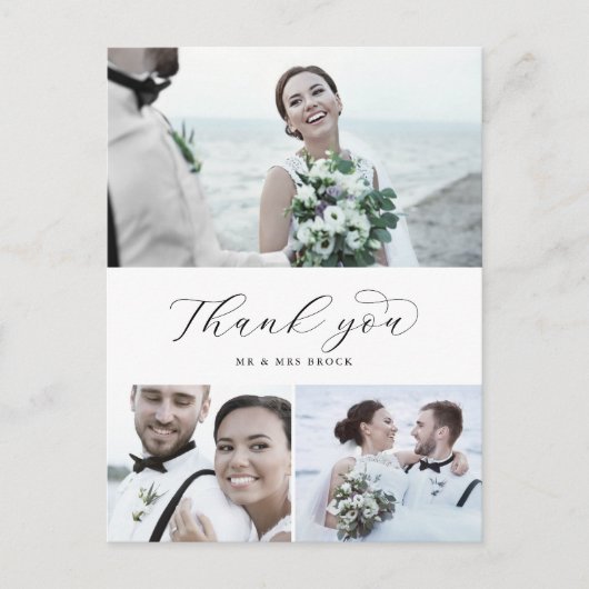 Elegant Script 3 Photo Collage Weddenschap Bedankt Briefkaart (Voorkant)