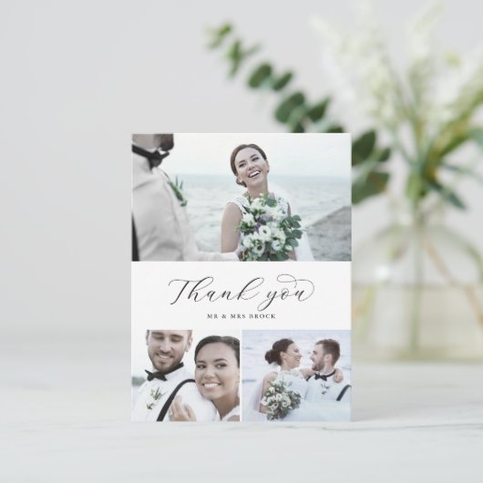 Elegant Script 3 Photo Collage Weddenschap Bedankt Briefkaart (Staand voorkant)