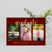 Elegant Script 3 Photo Maroon Afstuderen Gold Folie Uitnodiging (Staand Voorkant)