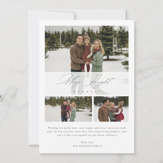  Elegant Script 3 Photo Merry Bright Moments Feestdagenkaart (Voorkant)