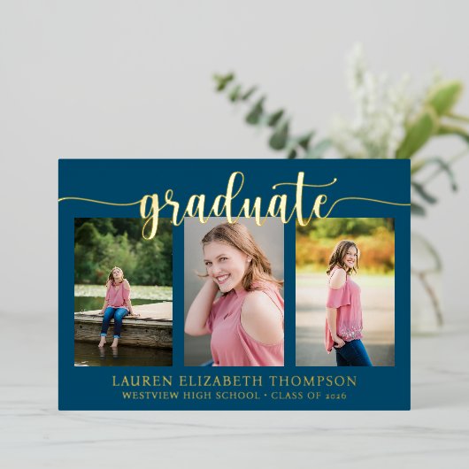 Elegant script 3 Photo Navy Blue Afstuderen Gold Folie Uitnodiging (Staand Voorkant)