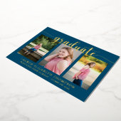 Elegant script 3 Photo Navy Blue Afstuderen Gold Folie Uitnodiging (Gedraaid)