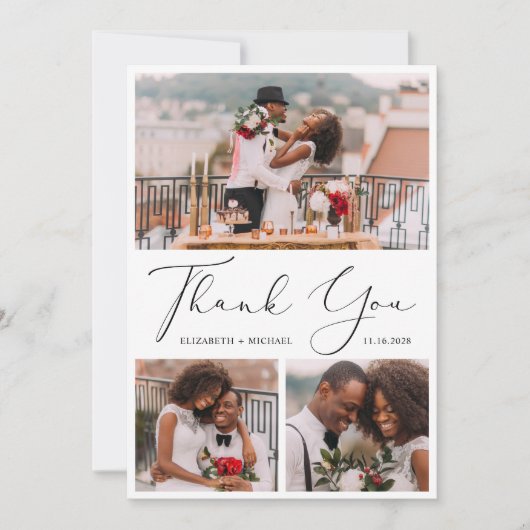 Elegant Script 3 Photo Wedding Bedankkaart (Voorkant)