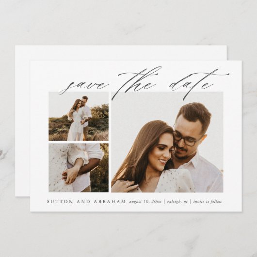 Elegant Script 3 Photo Wedding Save The Date (Voorkant / Achterkant)