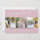 Elegant Script 3 Square Photo Baby Girl Zwangersch Aankondiging (Voorkant)