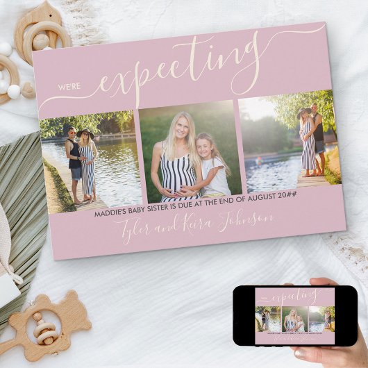 Elegant Script 3 Square Photo Baby Girl Zwangersch Aankondiging